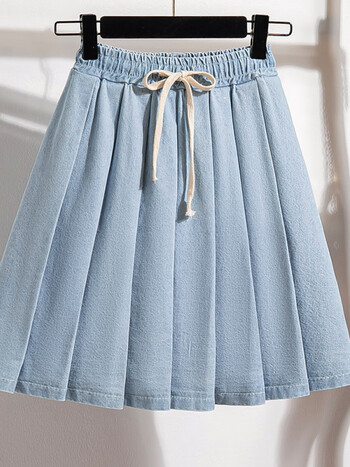 秋伊梵加肥加大码休闲抽绳牛仔百褶裙女装夏季胖mm遮胯显瘦高腰a字