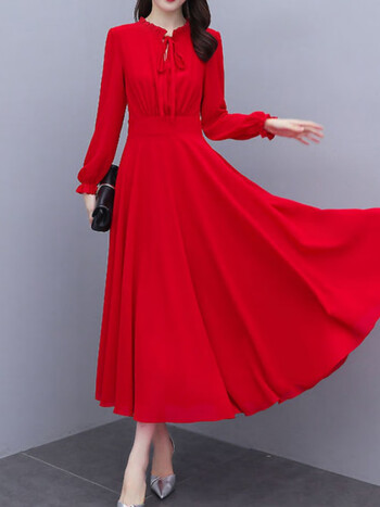 红色连衣裙新款潮春秋加肥女装修身洋气质长款大摆长裙子红色长袖m100