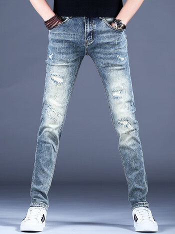 claiveknightck2023新款牛仔裤男简约破洞补丁小脚裤春夏常规做旧百搭