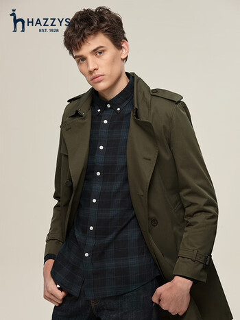 哈吉斯hazzys 男装秋冬款外套可脱卸内胆双排扣经典风衣aswzh01ch01