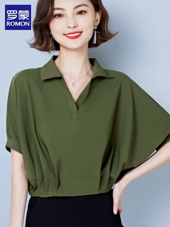 衬衫女短款短袖雪纺衫女夏款上衣v领衬衫装宽松蝙蝠衫配高腰军绿色s