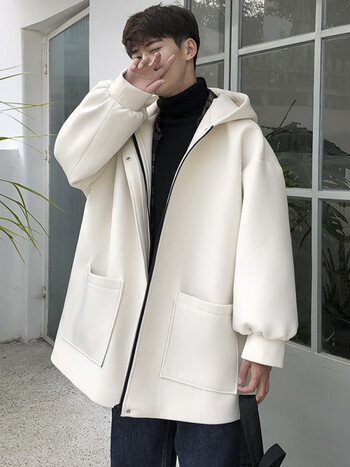 毛呢大衣男秋冬季新款呢子外套韩版潮流日系宽松连帽风衣男帅 白色 s