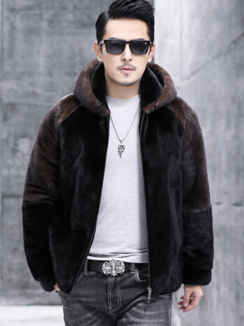 lbmuji高端品牌皮草美国进口貂皮外套男短款连帽整貂水貂毛大衣裘皮