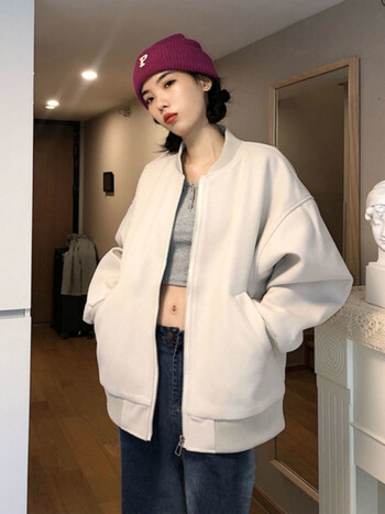 2022克莱因蓝港风情侣棒球服外套oversize中性风春秋毛呢夹克女潮米