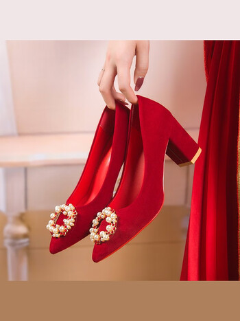 恒狮大红色婚鞋女高跟秀禾婚纱结婚鞋子敬酒新娘鞋孕妇粗跟不累脚红鞋