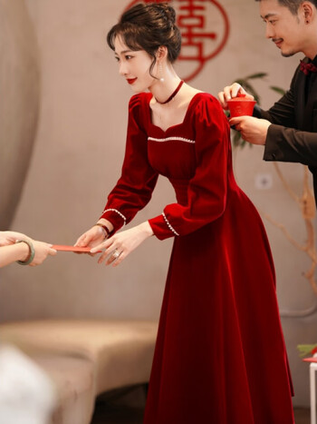 敬酒服新娘2021新款秋冬季结婚订婚回门礼服长袖连衣裙女酒红色xxl