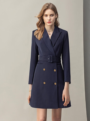 ad西装领连衣裙春秋长袖双排扣裙子通勤感女装女神范高端收腰裙藏蓝色