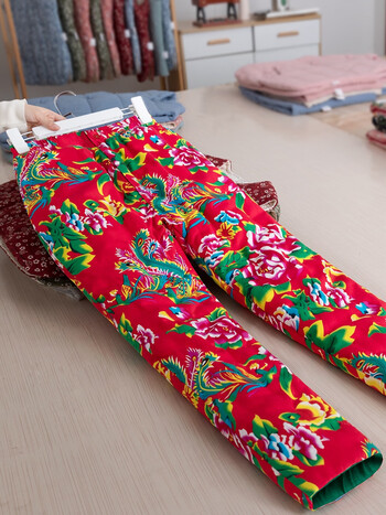 摩貂手工纯棉花女士东北大花布老棉裤成人保暖高腰加厚外穿保暖裤冬季