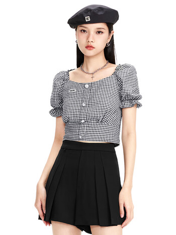 a21女装梭织修身方领泡泡七分袖短装套头上衣黑色s