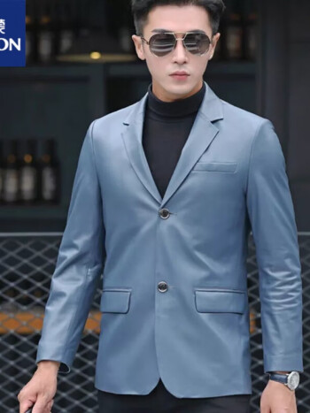 真皮皮衣男短款西装修身韩版帅气时尚休闲外套绵羊皮夹克西服 天蓝色