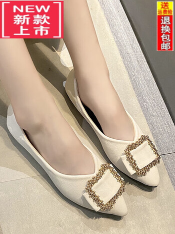 xingshangying尖头单鞋女平底2024春秋季新款气质方扣软底奶奶鞋浅口