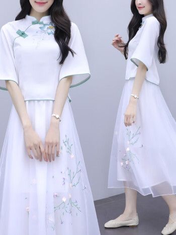 汉服国风连衣裙女装夏季新款中国风气质时尚复古改良旗袍套装裙子白色