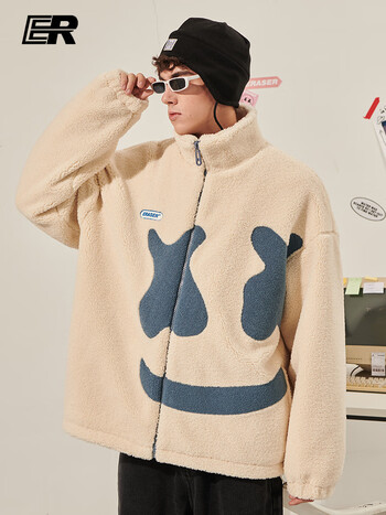 er笑脸羊羔毛外套宽松国潮情侣装羊羔绒棉服男潮牌棉衣女