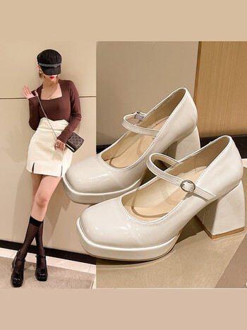 恒狮法式玛丽珍高跟鞋女2023新款夏季一字带防水台小皮鞋白色粗跟单鞋