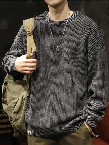 他程百丽日系复古重工水洗毛衣男宽松大码秋冬季重磅8针粗线针织打底