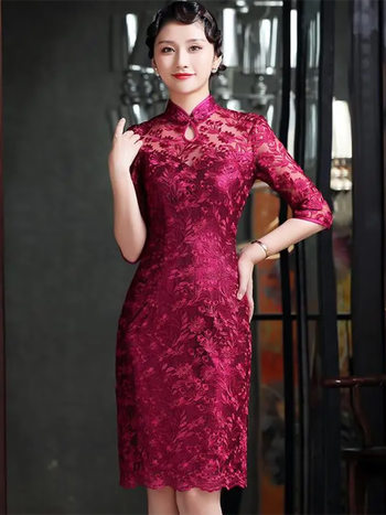 年新款夏女蕾丝喜婆婆婚宴装礼服高贵改良婚庆妈妈旗袍裙酒红色5xl