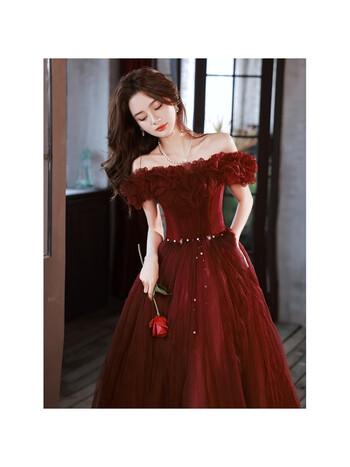 sheyijun一字肩敬酒服新娘酒红色夏季结婚晚礼服感订婚轻奢高端纱裙女