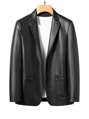 2023春季新款时尚潮流男士真皮西装款皮衣修身绵羊皮皮夹克 褐色