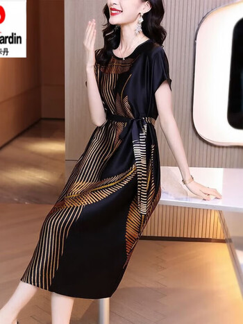 皮尔卡丹重磅真丝连衣裙女正宗100桑蚕丝杭州长款长裙da码花色2382m95