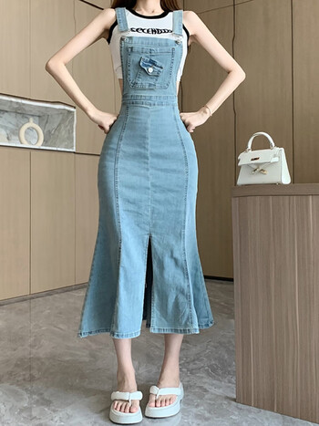 曼奴诺思背带牛仔半身裙女夏季薄款高腰显瘦显高中长款开叉鱼尾包臀裙