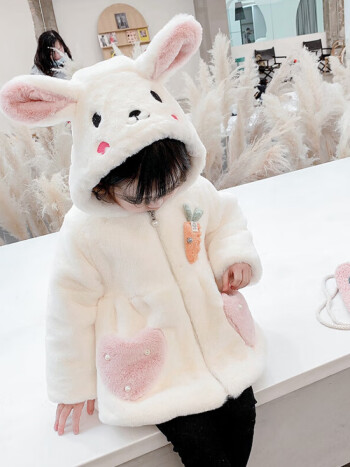 新年穿新衣女童冬季毛毛衣外套女孩可爱小兔子款式耳朵连帽棉衣儿童加