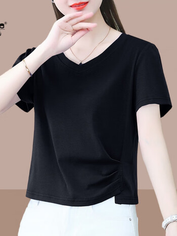 啄木鸟不规则纯棉短袖t恤女士2024夏新款衣服显瘦小个子短款t恤v领