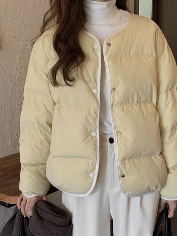 拉夏贝尔小个子羽绒服女鹅黄色甜美撞色包边无领服女短款小个子日系