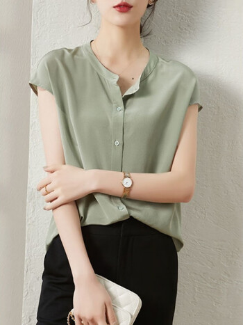 wvhk【特价捡漏】真丝短袖衬衫女夏季新款时尚气质桑蚕丝圆领衬衣上衣