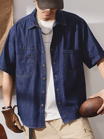 帅西欧牛仔短袖衬衫夏天男不规则口袋工装夏季美式复古休闲半袖衬衣深