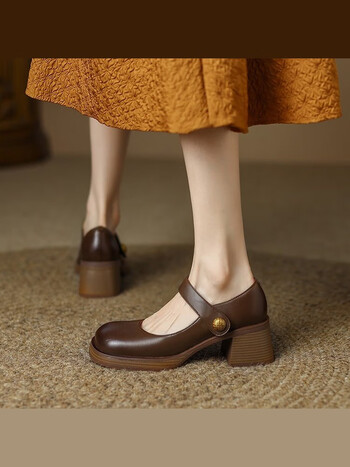 恒狮法式复古玛丽珍鞋女软皮粗跟2023春秋新款高跟方头英伦风擦色单鞋