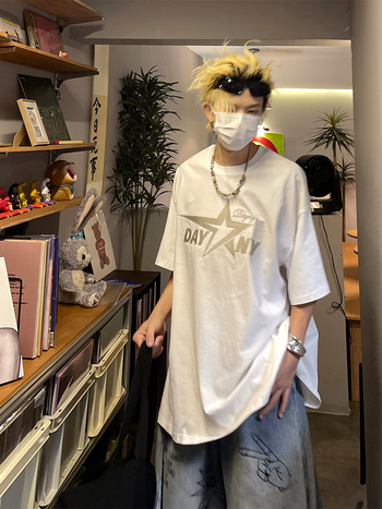 in718原创美式字母星星印花短袖t恤男oversize情侣上衣半袖潮牌inwyx