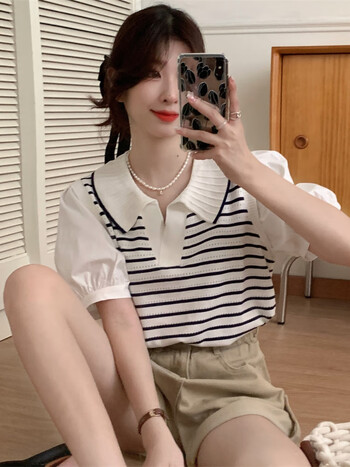 麦寻女装夏天夏季甜美风冰丝条纹针织衫polo领假两件短袖t恤常规袖
