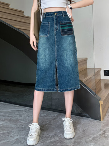 歌梵黎(gefanli)牛仔半身裙女夏胖mm高腰刺绣时尚开叉中长款大码女装