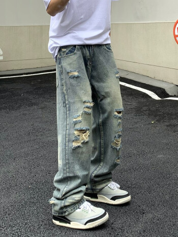 7家优品破洞水洗牛仔裤男夏季新款美式复古阔腿休闲直筒薄宽松工装长