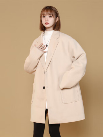 毛呢风衣外套女秋冬季新款韩系感小众宽松显瘦呢子上衣学生潮牌i 米色