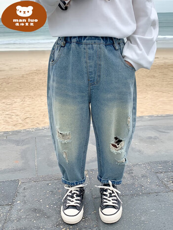 熊迪明儿童牛仔裤男童裤子春秋薄款小童痞帅春季宝宝休闲裤春装男孩破