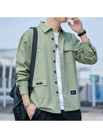 青年男士长袖衬衫纯色时尚流行帅气男上衣外套ins超火休闲潮流绿色m