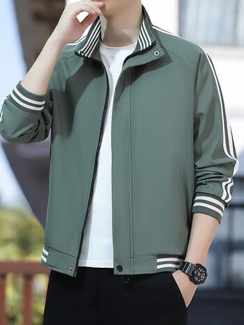 外套2024年新款春秋季韩版潮流帅气春款立领夹克男装休闲上衣军绿色m