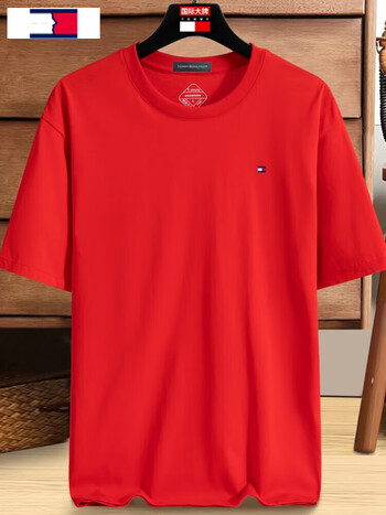 汤米希凯利美国短袖t恤男士夏季圆领绣标丝光棉上衣打底衫男装红色xl