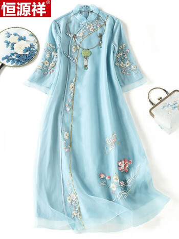 女夏改良2024年新款复古宽松遮肚子日常可穿刺绣中国风连衣裙天蓝色m