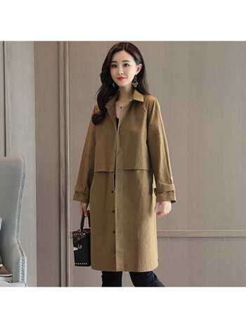 米菲风衣女2022秋冬新款简约时尚气质翻领纯色中长款风衣外套 深卡其