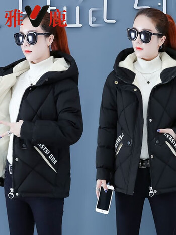 雅鹿羽绒棉服女装冬季韩版宽松连帽小个子中长款印花棉衣棉袄外套上衣