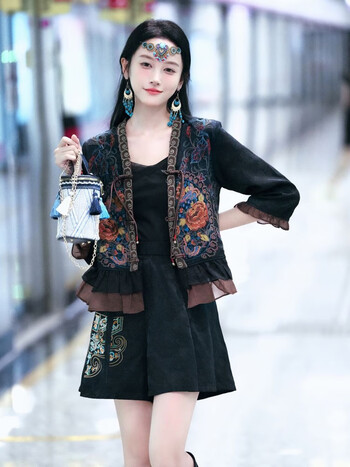 倾卿日常改良汉服国风女新中式复古汉元素民族风刺绣上衣吊带短裙裤三