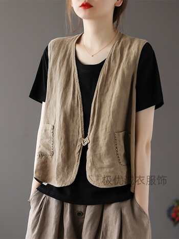 琼斯诺以棉麻马甲小外套女夏季文艺宽松显瘦薄款亚麻开衫无袖坎肩上衣