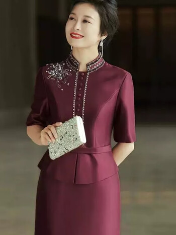 扁黛喜婆婆旗袍婚宴礼服上档次秋冬季加厚老妈礼服假两件红旗袍礼服裙