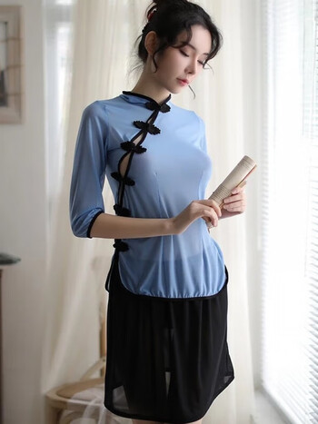 悠曼娅性感民国学生装旗袍制服cos透明女套装纯欲主播角色扮演蓝上衣