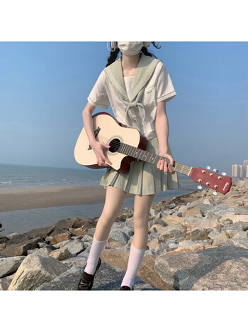 jk水手服夏服套装女日系校供学院风海军领制服中间服淡绿色套装上衣