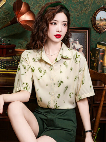 cardin)时尚碎花短袖衬衫女2024夏装新款国风气质小衫百搭女士衬衣