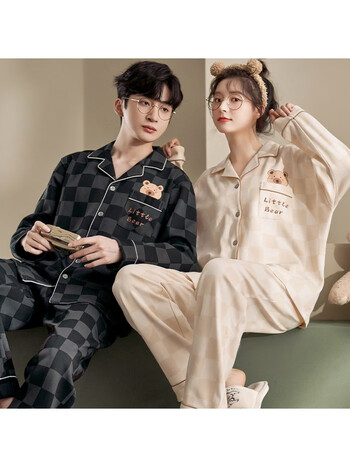 服女七柚情侣睡衣秋天开衫翻领简约可外穿棉质长袖长裤女士家居服套装