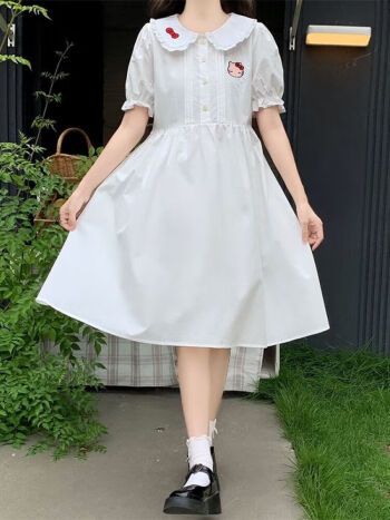 yzyo秋天衣服可爱中长款韩风夏装生女生白色猫咪仙女超仙森系甜美连衣